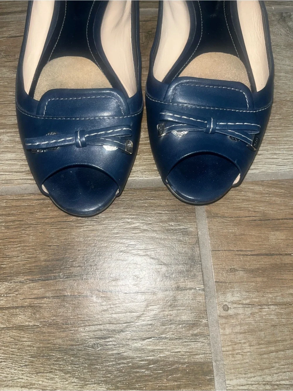 TOD'S Navy Leather Peep-Toe Flats with Bow Accent